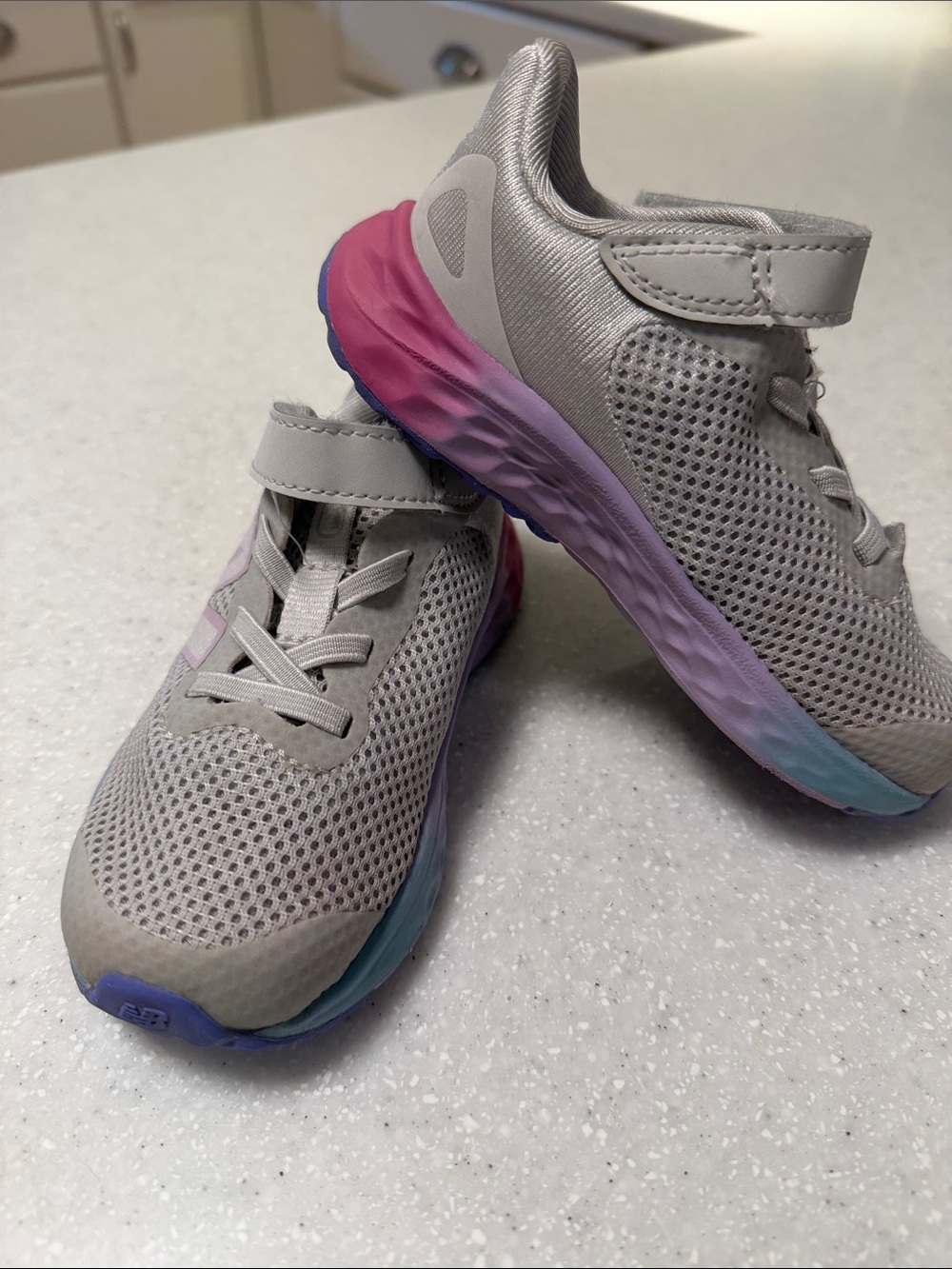 New Balance Kids Light Gray Mesh Sneakers with Pink to Purple Ombre Sole